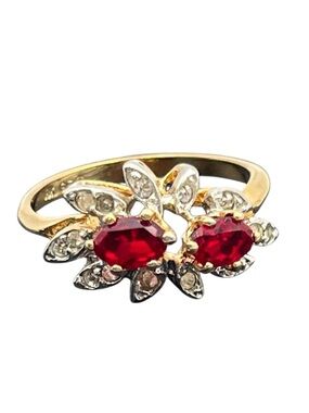 18k GE gold electroplate red clear rhinestone cluster cocktail gold tone ring 9